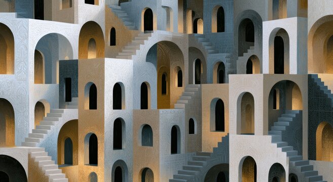 Labyrinthine architecture, impossible arches and stairs, intricate patterns, abstract design