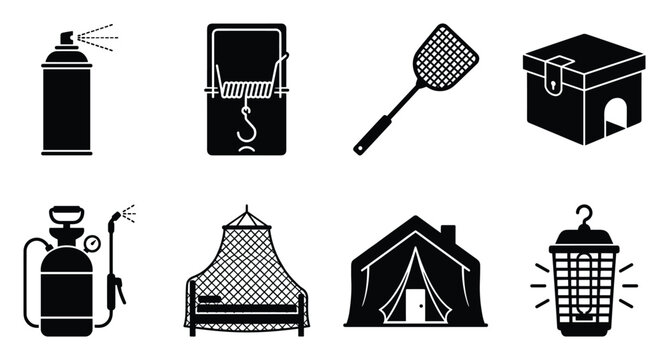 Spray can mousetrap fly swatter box sprayer hammock tent bug zapper pest control equipment icons set.