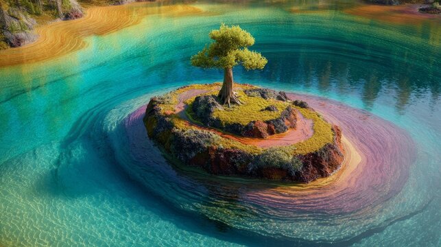 A vibrant, colorful lake surrounds a small island with a single, lush tree at its center, showcasing a swirling effect