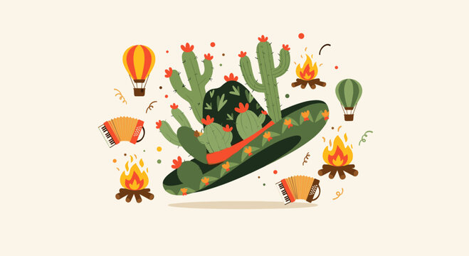 Festa Junina Decorative Elements Set with Cactus and Bonfire