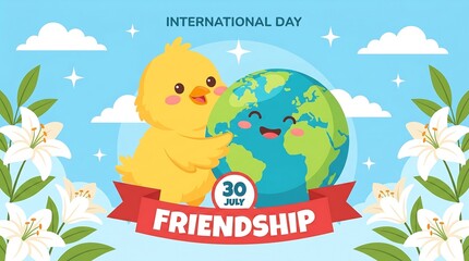 Naklejka premium International day of friendship a cute chick and earth celebrating together