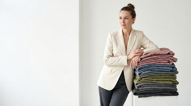 professional woman leaning on a stack of folded linens