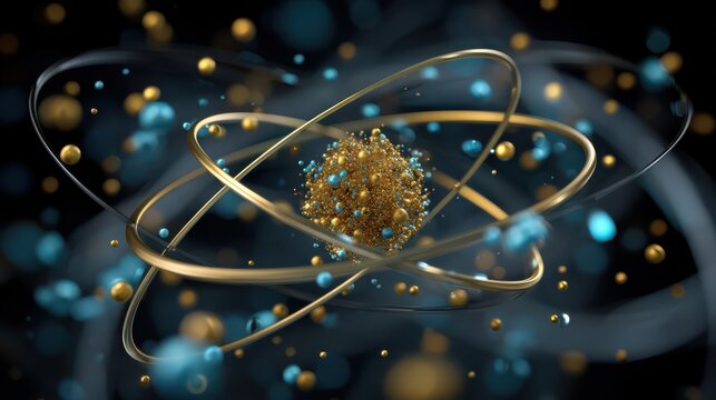 A digital illustration of an atomic structure with golden and blue particles orbiting a dense central core, symbolizing atomic or molecular science.