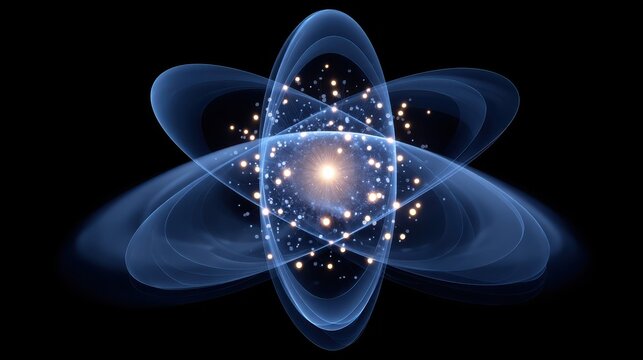 A digital illustration of an atom with orbitals and electrons glowing against a dark background, representing atomic structure and quantum physics.