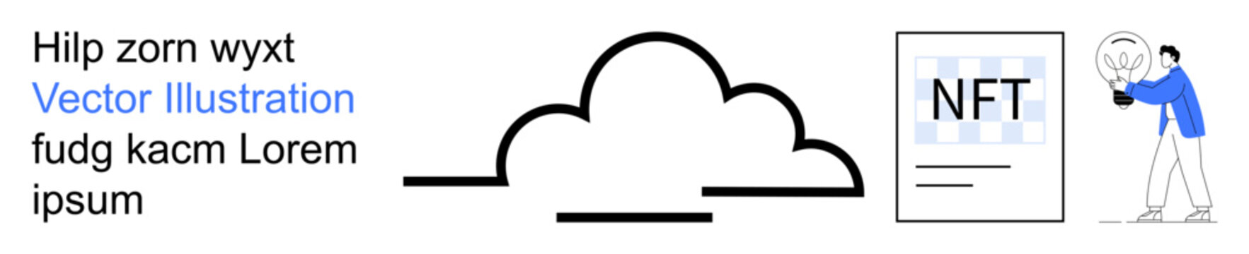 Blockchain technology, data storage, NFT assets, digital marketplaces, creative ownership, online marketing. A cloud, a person analyzing and an NFT paper graphic. Blockchain and data storage