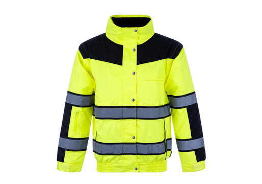 Yellow high visibility safety jacket with reflective stripes, hi vis workwear isolated on transparent background PNG