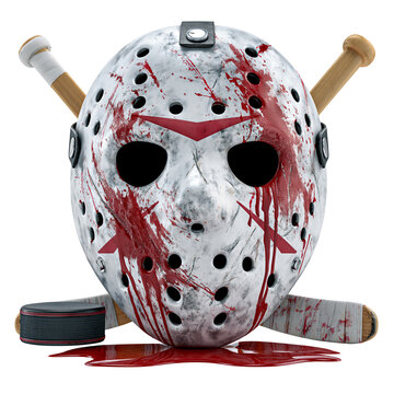 Bloody hockey mask with crossed sticks and puck isolated on white background, horror slasher concept isolated on transparent or white background, png