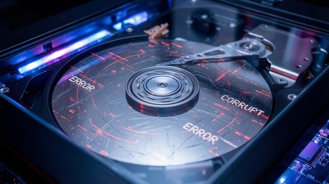 Hard drive showing error and corrupt data message. Computer internal storage device with digital failure. Cyber security threat, corrupted file system, technical crash, data loss concept