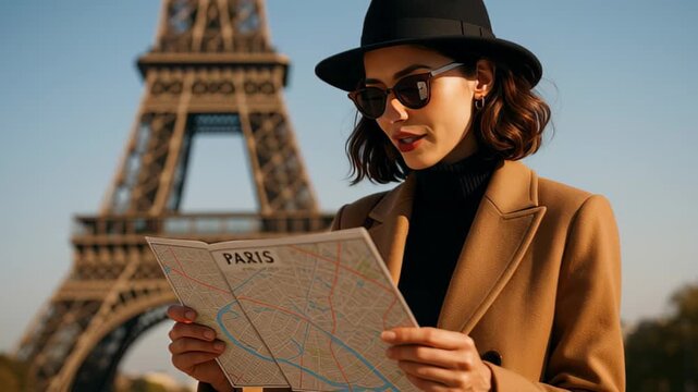 Fashionable young woman in coat and hat studying a Paris city map near the Eiffel Tower, symbolizing urban travel, navigation, tourism planning and independent exploration in France