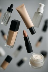 Obraz premium Cosmetic and skincare bottles floating in mid-air. Includes foundation, lipstick, serum, and cream in different shapes and sizes