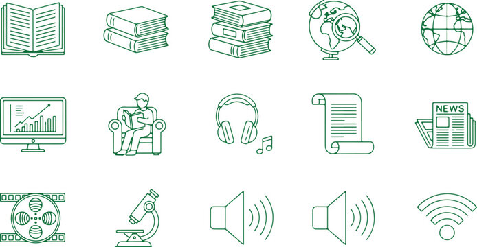 Media communication and entertainment icons set including reading research files and audio symbols.