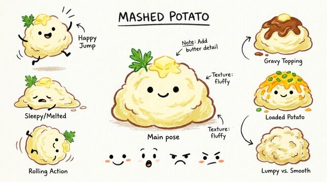 Adorable Mashed Potato Character Illustrations with Various Expressions and Toppings.