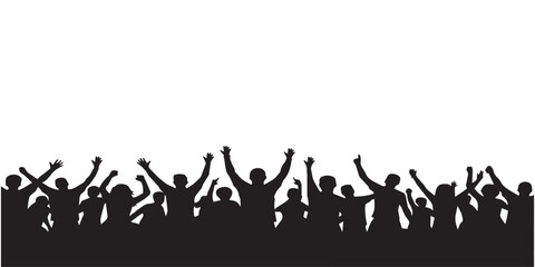 Obraz premium Crowd of people silhouettes cheering and raising hands up vector illustration on transparent background