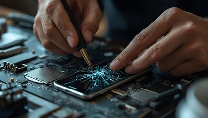Naklejka premium Fixing cracked smartphone screen repair concept