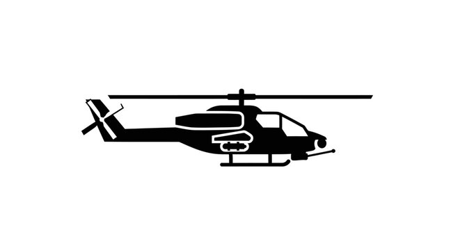 Black military attack helicopter silhouette on white background