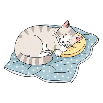 Charming illustration of a cute cat sleeping curled up on a blue polka dot pillow.