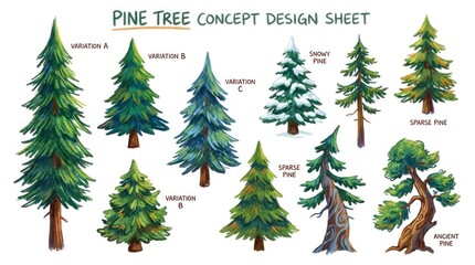 Obraz premium Artistic Pine Tree Concept Designs - A Collection of Watercolor Illustrations.