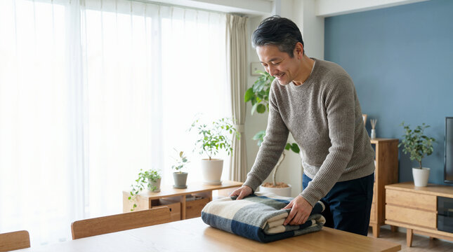 Smiling middle aged Asian man folding a plaid blanket on a wooden table. Mature male doing domestic chores in a bright modern living room. Everyday household routine