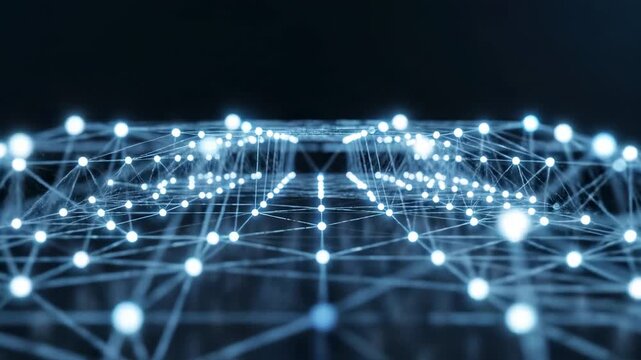 This showcases a mesmerizing display of glowing blue lines and nodes that form a complex network in a dark space. The futuristic visualization highlights the beauty of technology and innovation.