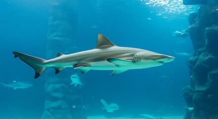 Naklejka premium Shark swimming in the deep blue ocean, a captivating underwater scene.
