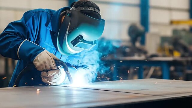 Welder in protective gear welding metal in industrial setting with sparks flying