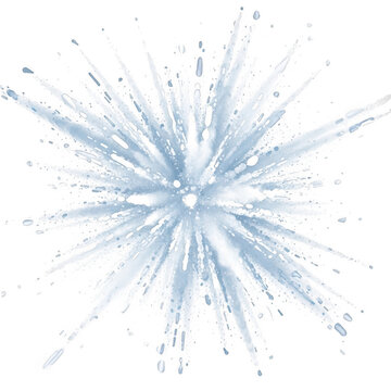 Dynamic water splash explosion with many small droplets and radial liquid spray patterns on transparent background high.