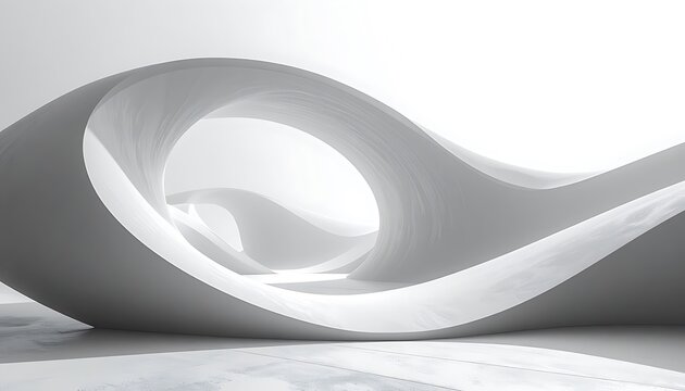 Abstract architectural interior with flowing white curves and organic shapes, creating a sense of spaciousness and modern design, smooth surfaces, light and shadow play
