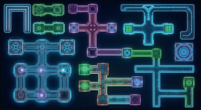 Futuristic sci-fi circuit board elements, neon glowing tech interface components, digital cyber map vector set for gaming and UI design