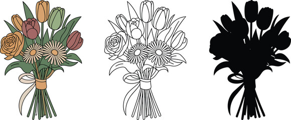 Flower bouquet silhouette & Outline and illustration set isolated on transparent background