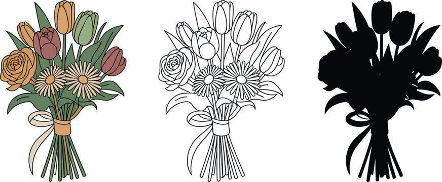 Flower bouquet silhouette & Outline and illustration set isolated on transparent background