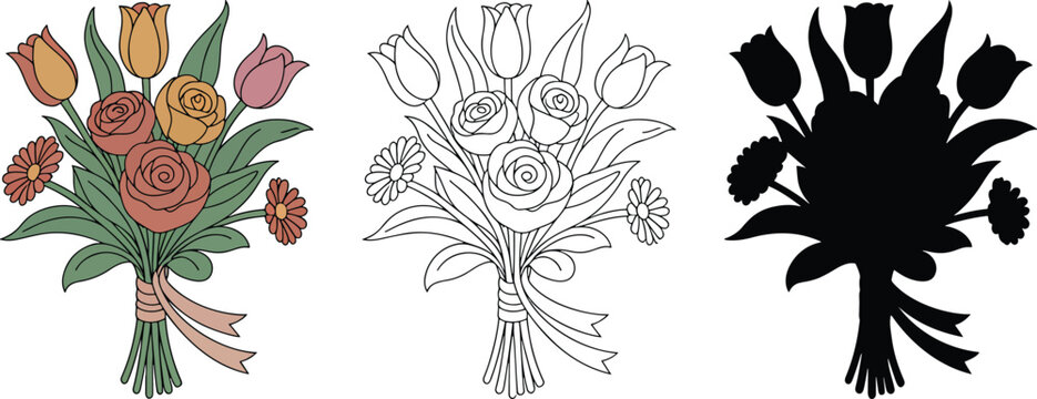 Flower bouquet silhouette & Outline and illustration set isolated on transparent background
