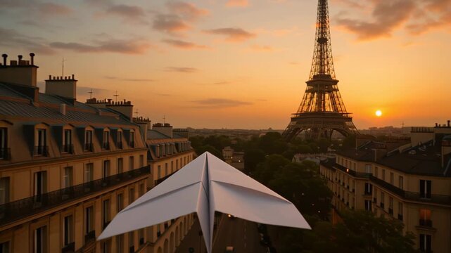 Cinematic footage of a white paper airplane gliding above classic Paris rooftops toward the Eiffel Tower at golden sunset, symbolizing travel dreams, freedom, creativity and childhood imagination