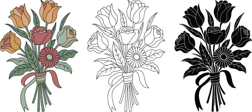 Flower bouquet silhouette & Outline and illustration set isolated on transparent background