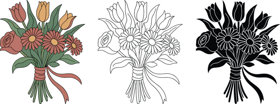Flower bouquet silhouette & Outline and illustration set isolated on transparent background