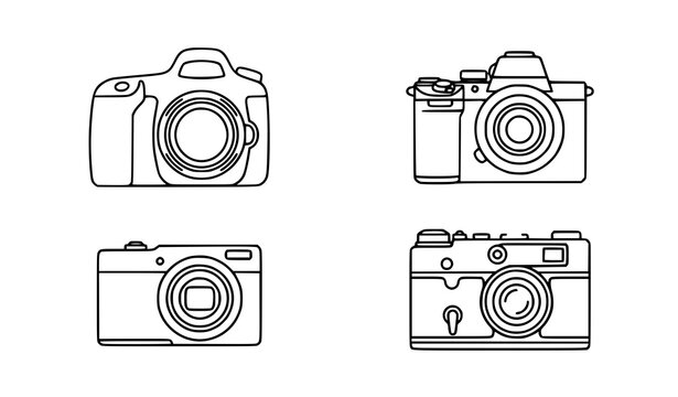 Minimal black and white camera icons set with DSLR compact mirrorless and vintage styles