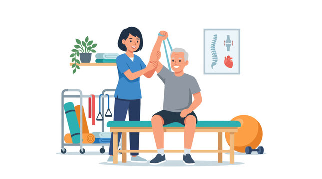 Physical therapist assisting senior with exercise using resistance band