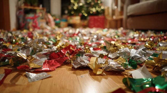 Messy pile of discarded Christmas wrapping paper with torn sheets and ribbons on a wooden floor