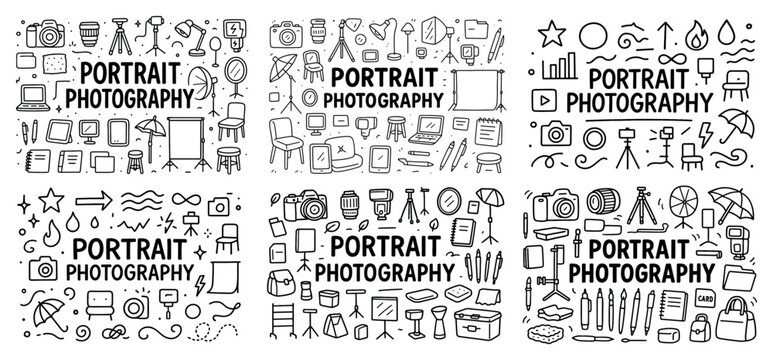 Portrait photography icons with camera tripod light outline