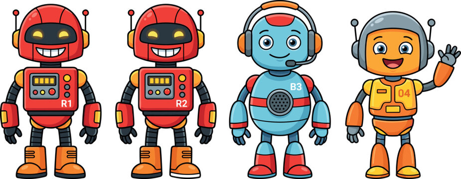 Robot Character Set Vector with Friendly Designs in Red, Blue, and Orange for Kids, Technology, and Cartoon Graphics