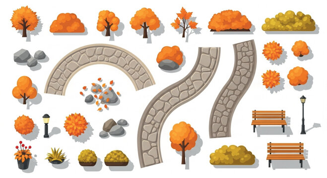 Autumn park landscape elements set, orange fall trees and stone walkways, outdoor garden map creator with benches and bushes, vector illustration