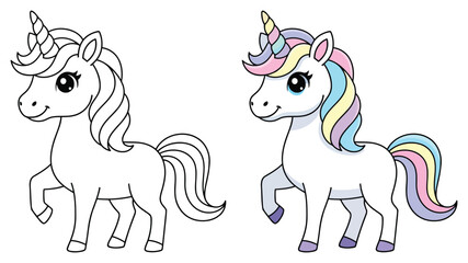 Unicorn fantasy features a beautiful standing mythical horse with a rainbow mane for a coloring page © Crafter
