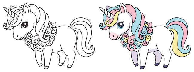 Unicorn fantasy features a beautiful standing mythical horse with a curly mane for a coloring page © Crafter