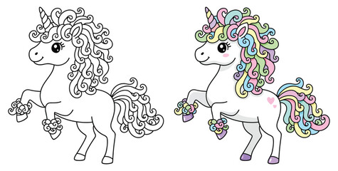 Unicorn fantasy features a beautiful standing mythical horse with a curly mane for a coloring page © Crafter