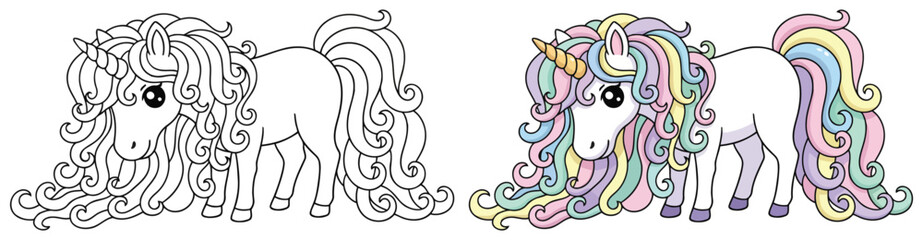 Unicorn fantasy features a beautiful standing mythical horse with a curly mane for a coloring page © Crafter