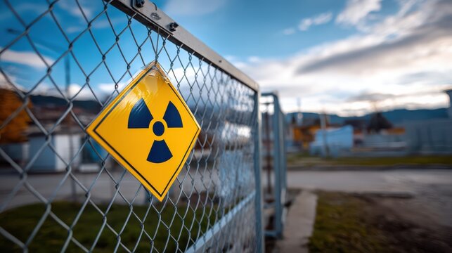 A yellow radiation hazard sign is attached to a metal fence around an industrial or restricted area under a cloudy sky.