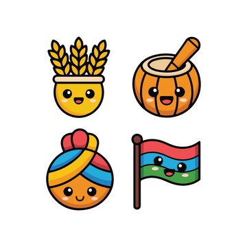 vaisakhi india cute rounded icon set wheat drum turban flag kawaii harvest flat
