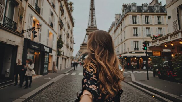 Young woman leading partner by the hand along a cobblestone Paris street toward the Eiffel Tower, surrounded by classic Haussmann buildings, cafes and warm evening lights, evoking romance and travel