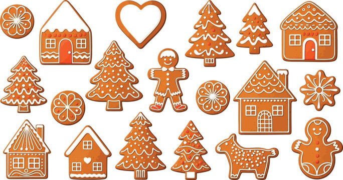 Assorted festive gingerbread cookie shapes with holiday designs isolated on transparent background, isolated on white background, Vector