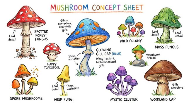 Colorful Mushroom Concept Sheet - A Detailed Illustration of Various Fungi.