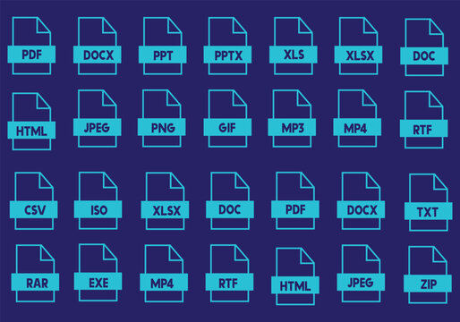 File format line icon set, Collection of file type icons like PDF, PNG, MP3, DOC, XLS, JPG, GIF, AVI. Perfect for digital projects, presentations, or software resources